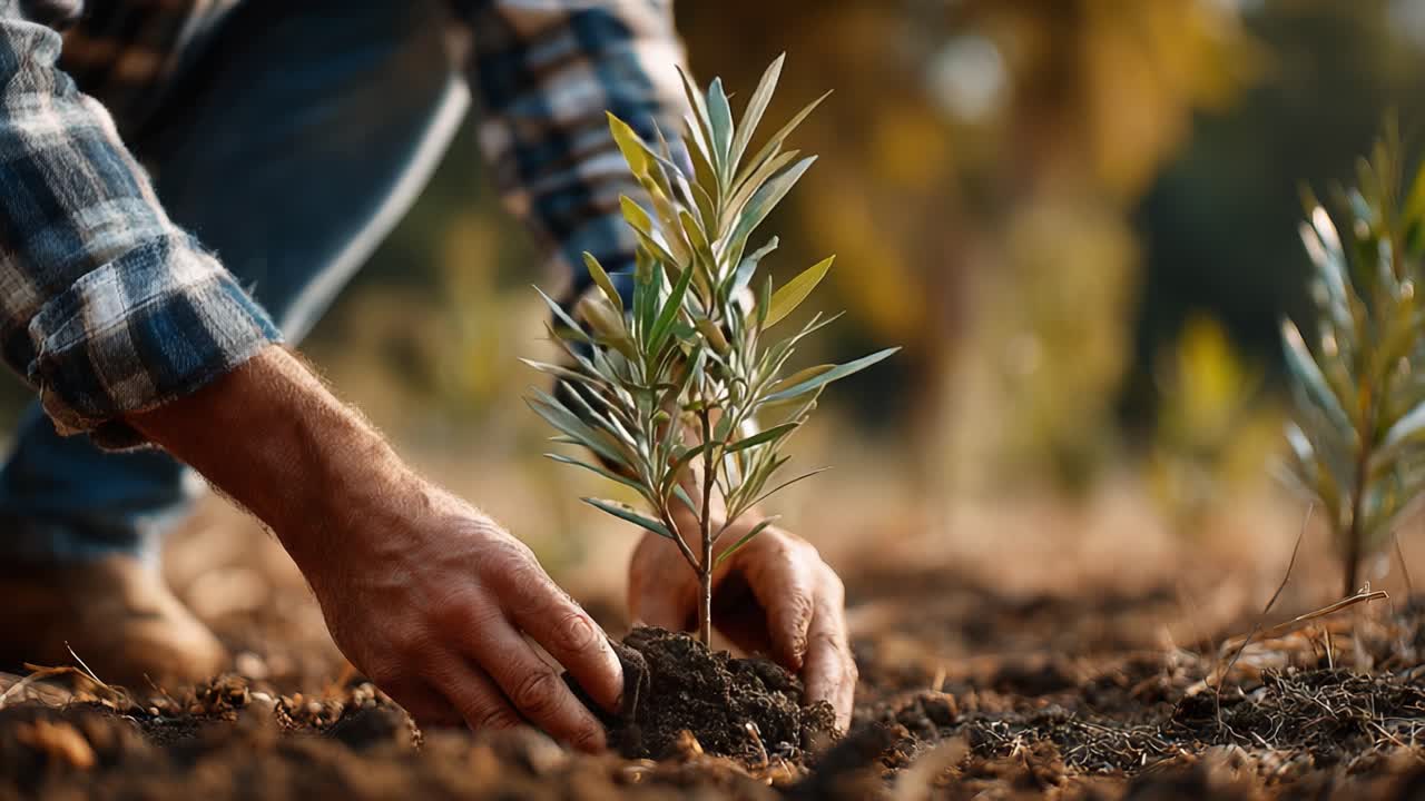 Cultivating Growth: A Focus on the Heartwarming Act of Planting Young Trees in a Sunlit Field, Symbolizing Hope and Environmental Stewardship