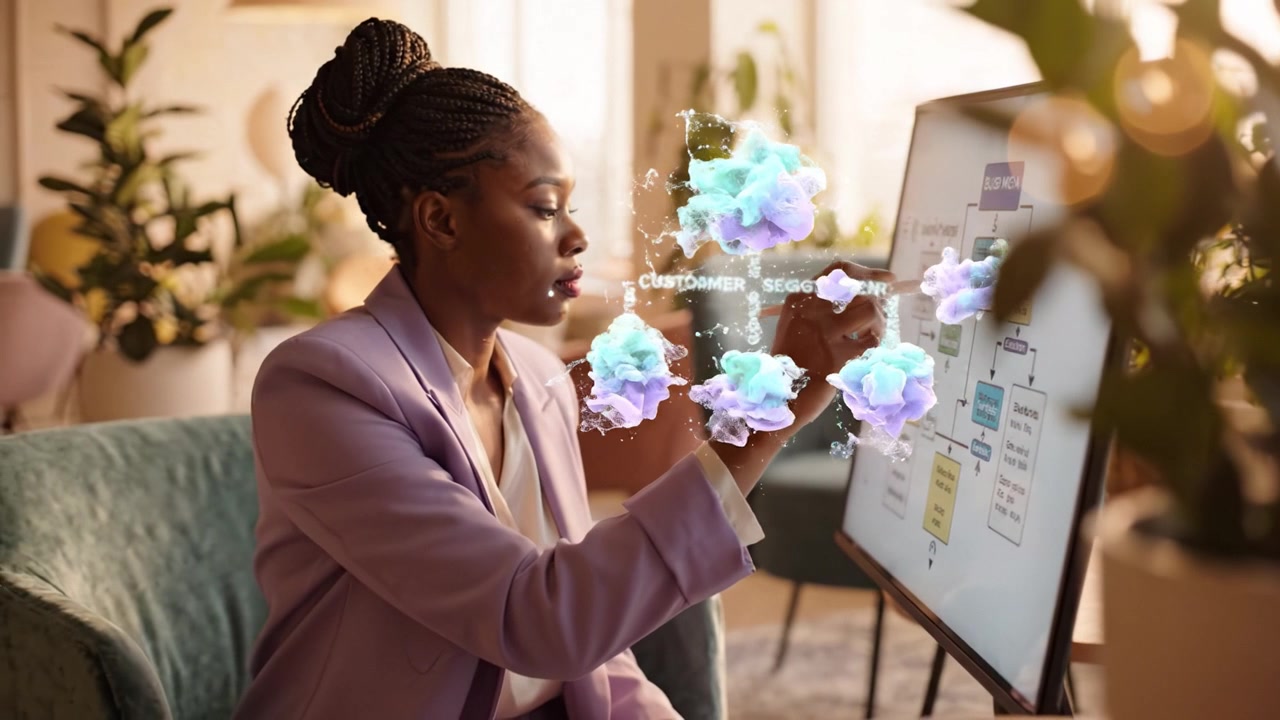 A focused woman interacts with a digital interface, contemplating data visualizations and information flow in a modern workspace, showcasing creativity and innovation.