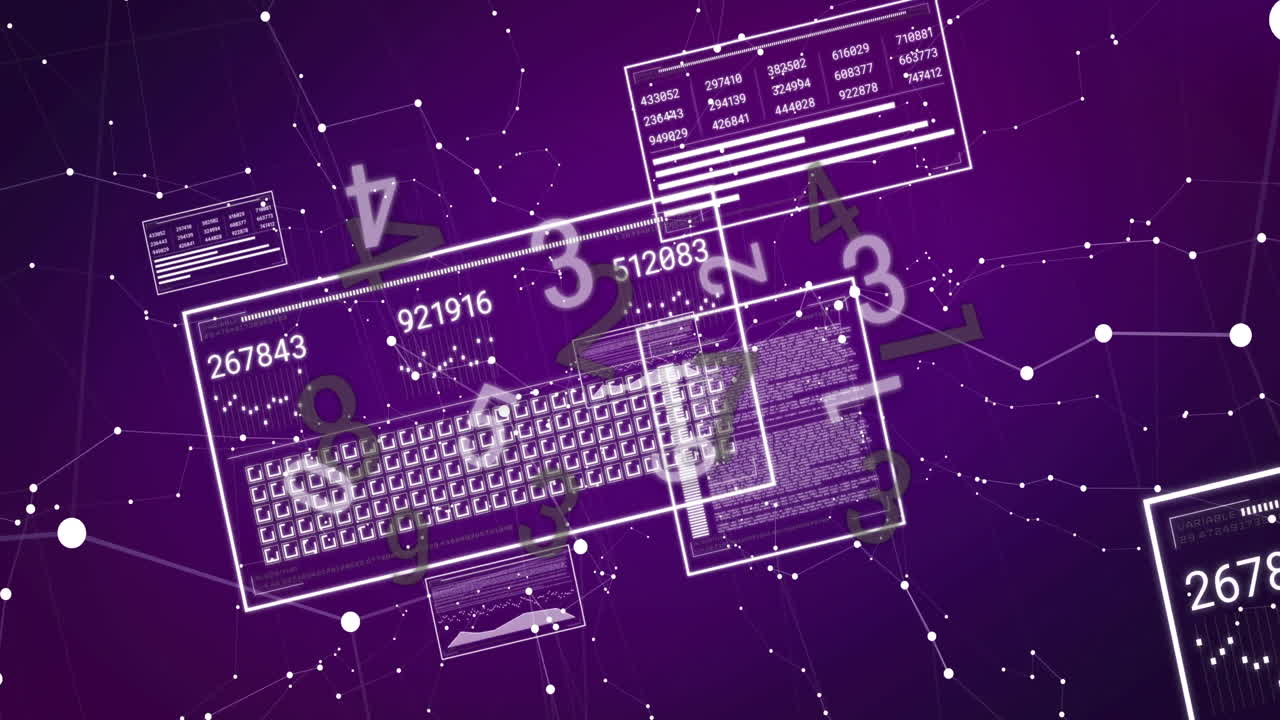 Futuristic network showing floating panels and glowing nodes linking numeric data in flat design