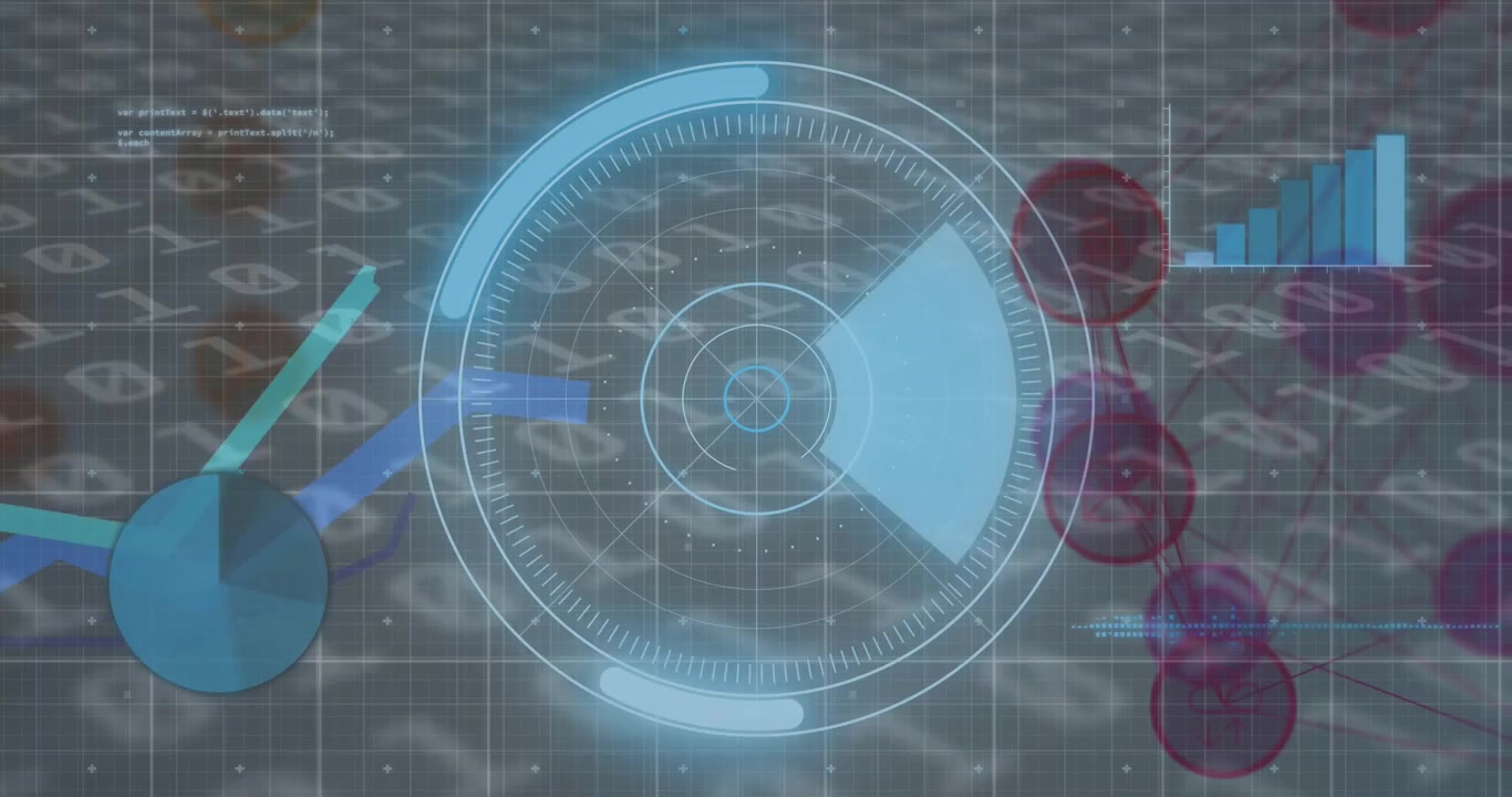 Animation of scope scanning with data processing and network of connections over binary coding