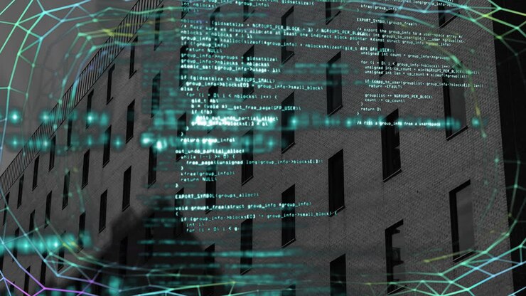 Animation of data processing over modern building