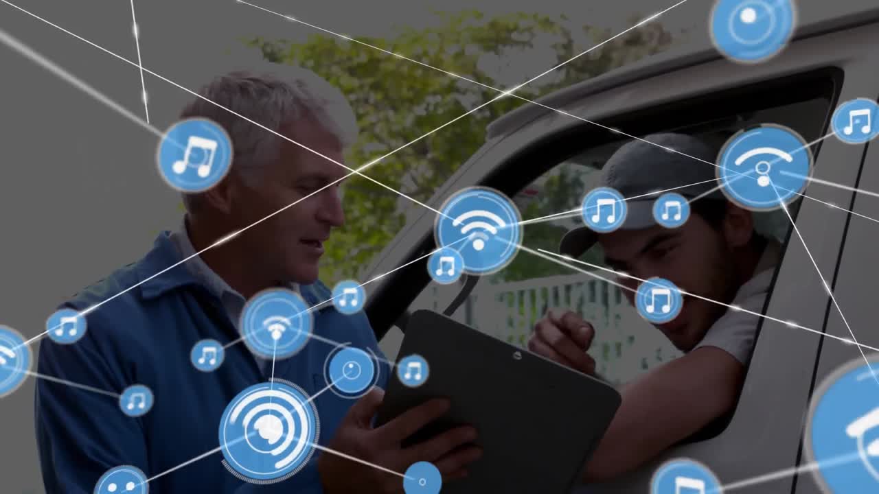Animation of icons connected with lines over caucasian man showing clipboard to driver in van