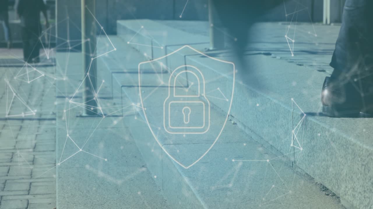 Person betritt von links den Bereich, geht am Sims entlang; Knoten und ein entsperrtes Schild-Overlay zeigen ein Sicherheitsrisiko.