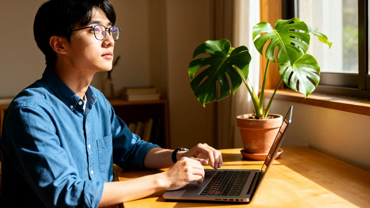 ノートパソコンと植物のある自宅の机で、青いシャツを着た男性がタイピングしながら見つめている。日差しが焦点を引き寄せている。