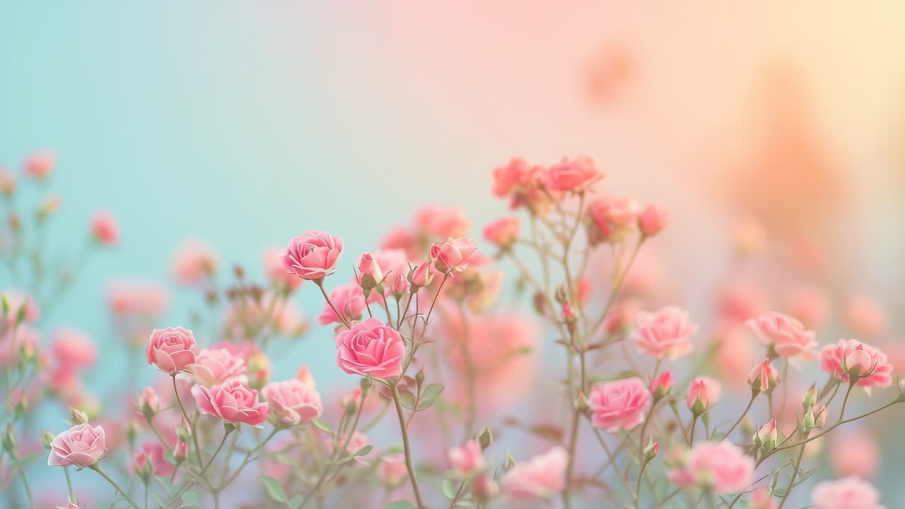 Soft-focus video still of pink roses against a pastel sky
