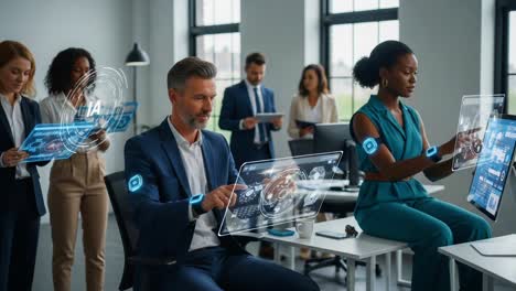 innovative team collaboration in a modern office setting showcasing advanced technology and workflow efficiency with digital interfaces and interactive displays
