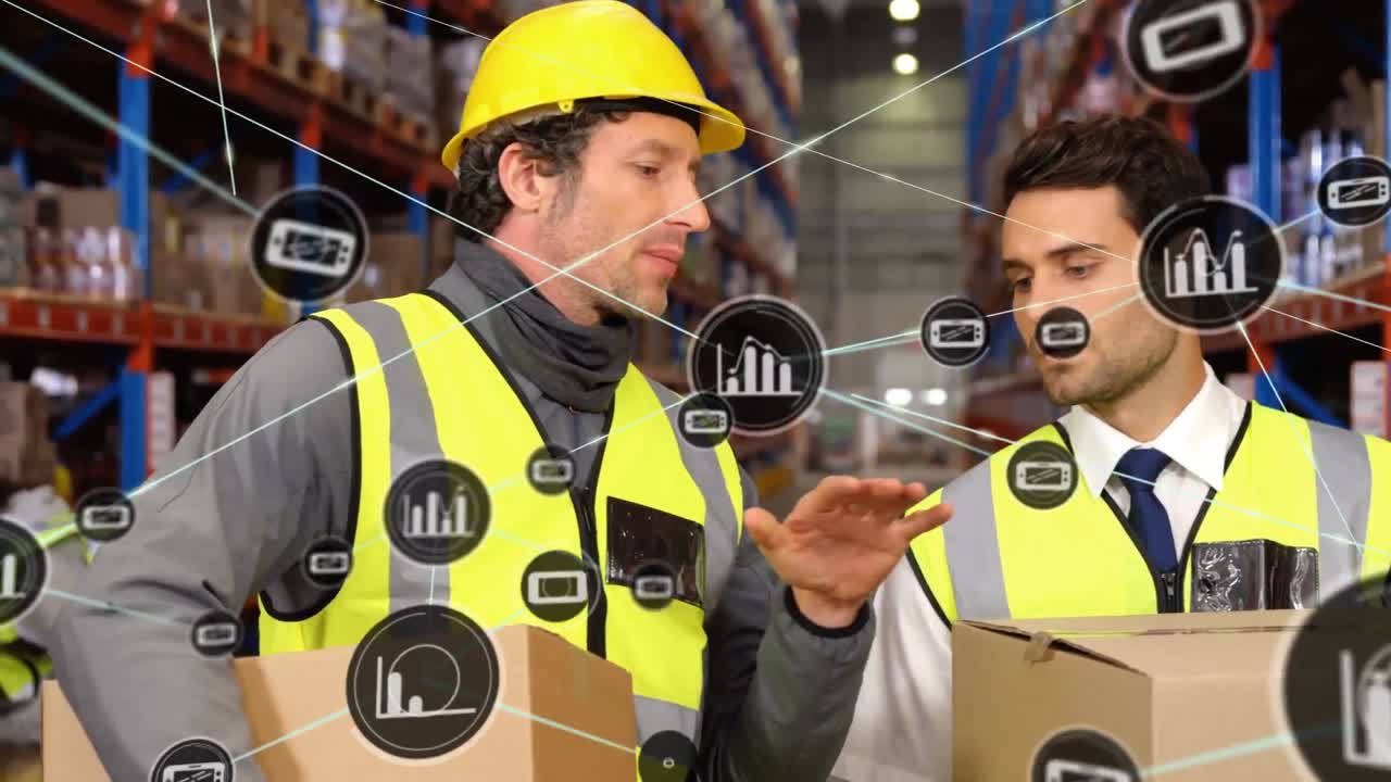 animación de la red de conexiones entre diversas personas que trabajan en el almacén