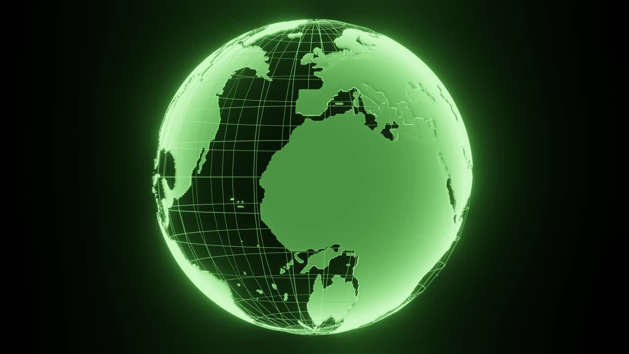 tierra fluorescente verde brillante girando hacia el este en fondo negro. animación en bucle renderizada en 3d.