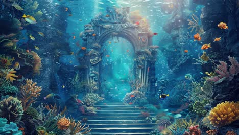 mysterious underwater archway aquarium scene