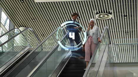 animation of countdown over neon round scanner against diverse man and woman on escalator