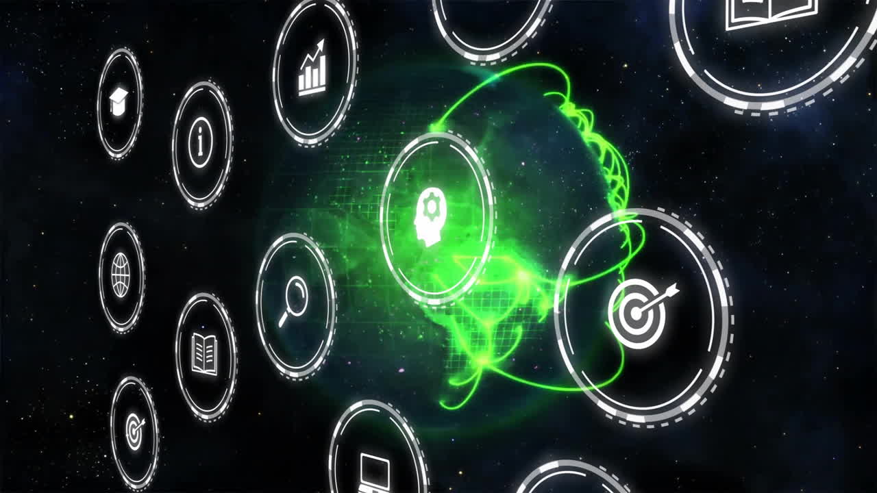 animación de iconos con escaneo de alcance sobre el globo sobre fondo negro