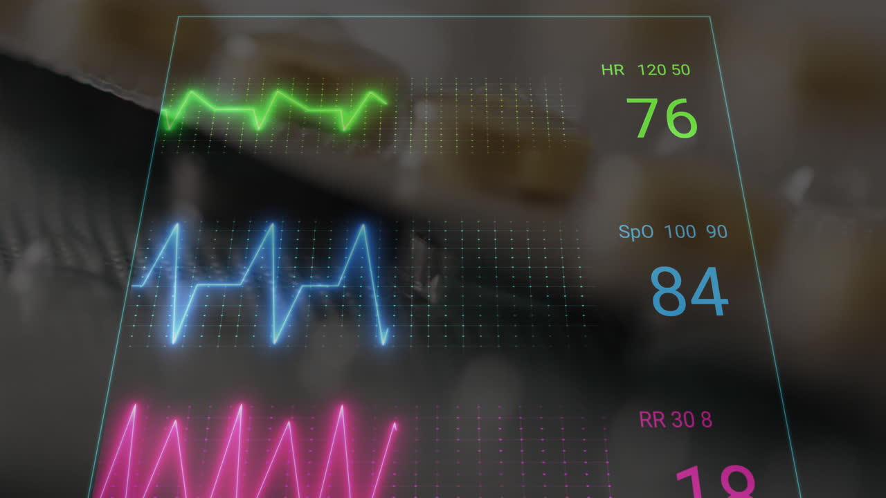 Animation of data and cardiographs over pills