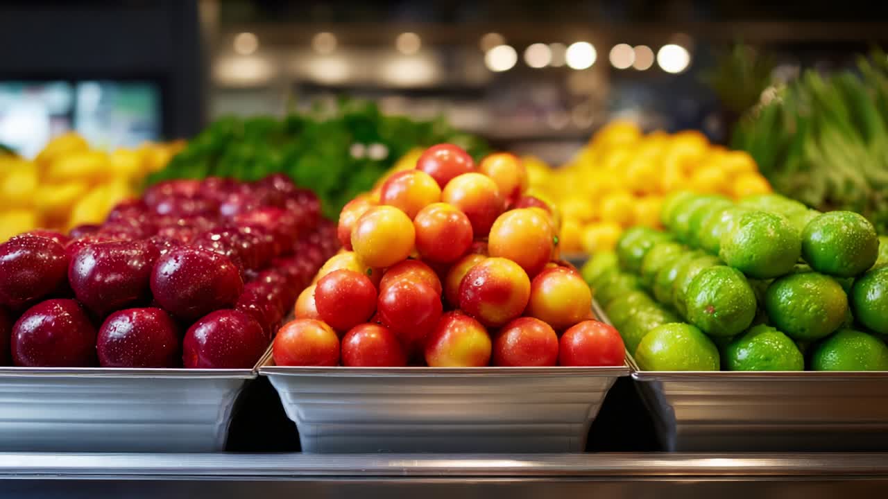 A Vibrant Display of Fresh Fruits: An Abundance of Red Apples, Juicy Limes, and Bright Lemons Elegantly Stacked in Baskets at a Market Stall, Showcasing Nature's Colorful Delights and Fresh Produce