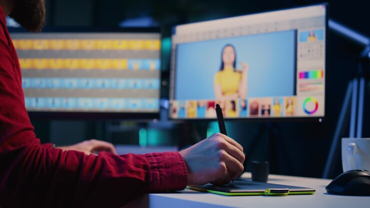 photo editor browsing through photoshoot images to find and fix faulty spots using graphic tablet
