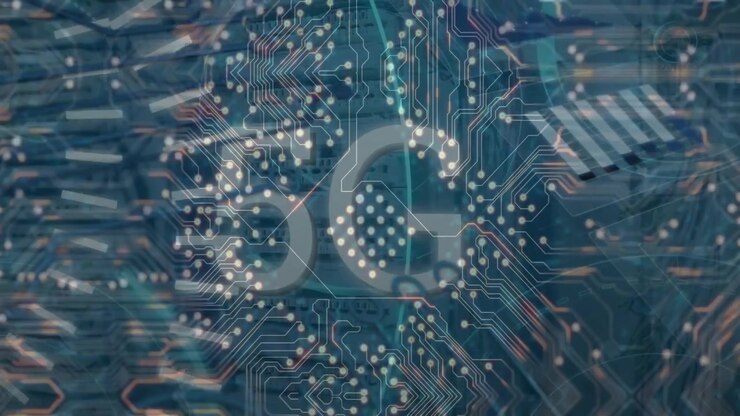 Animated 5G Symbol Over Digital Circuit Board Background