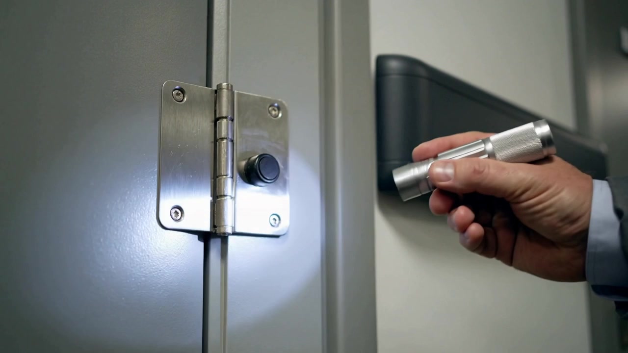 Shining right hand in gray jacket checking stall hinge, bumper screws and fixture with torch