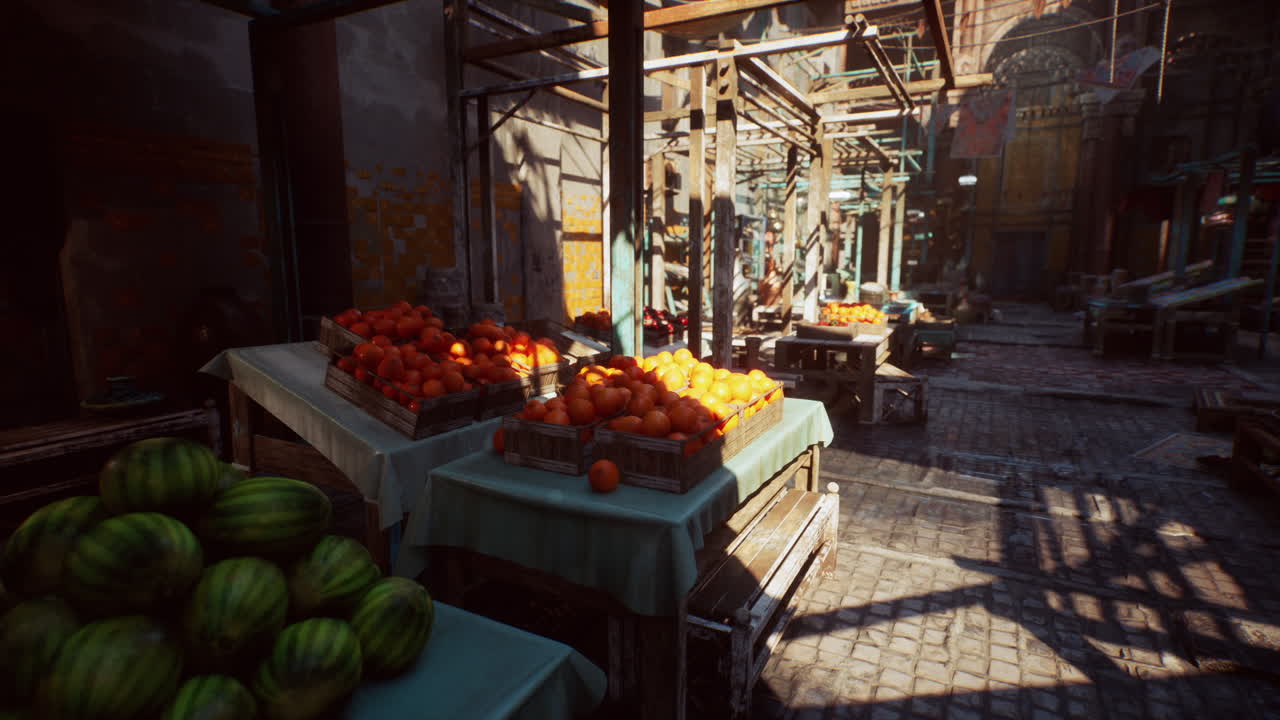 un puesto de frutas en un mercado al aire libre en una ciudad antigua