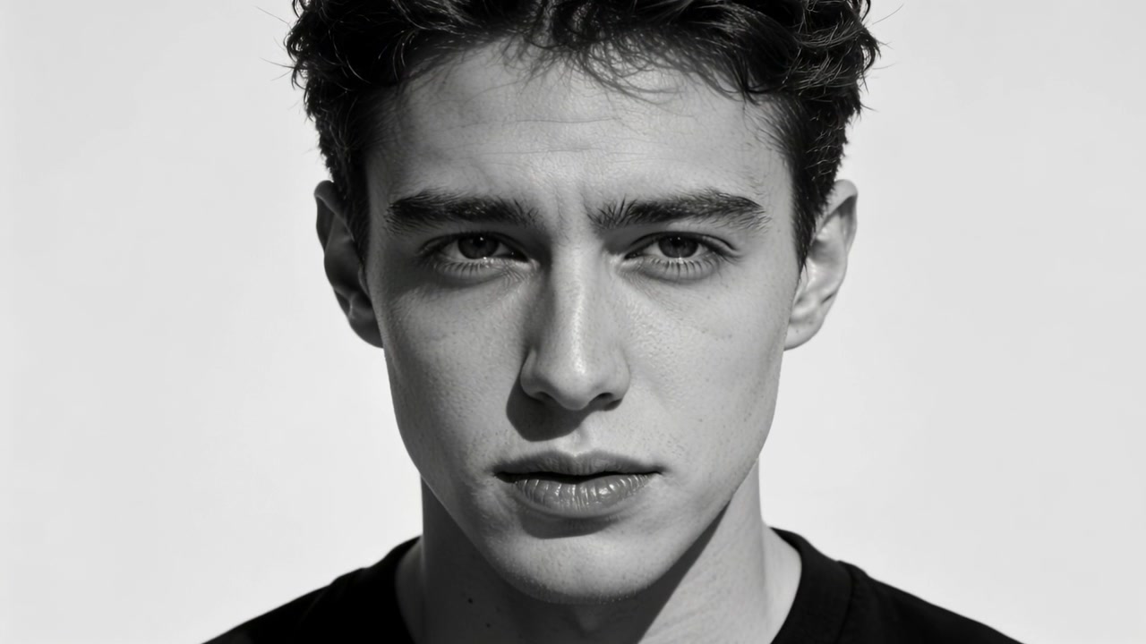 Camera capturing male model easing tense frown for portrait session in studio, wearing black shirt