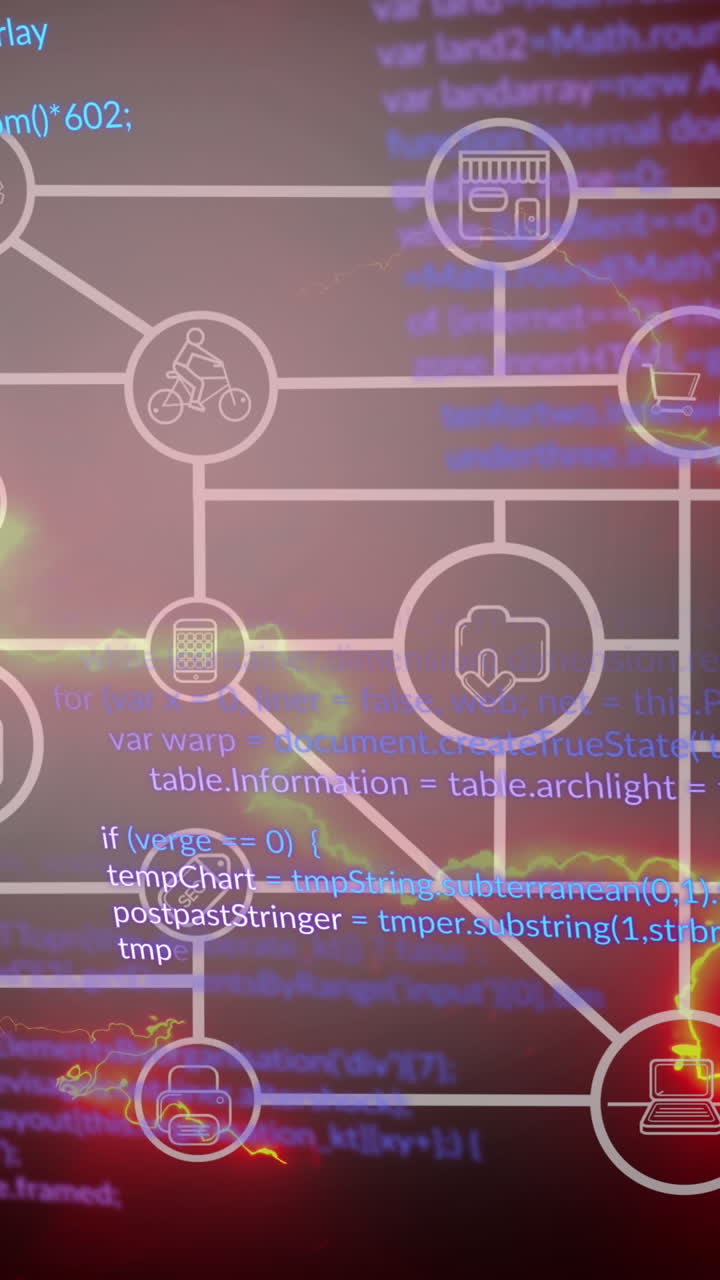 animation von datenverarbeitung und mediensymbolen auf schwarzem hintergrund