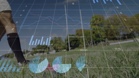 graphs and charts animation over people playing soccer on grassy field