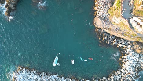 Vista-Aérea-De-Arriba-Hacia-Abajo-Del-Puerto-De-Riomaggiore-En-Cinque-Terre,-Italia