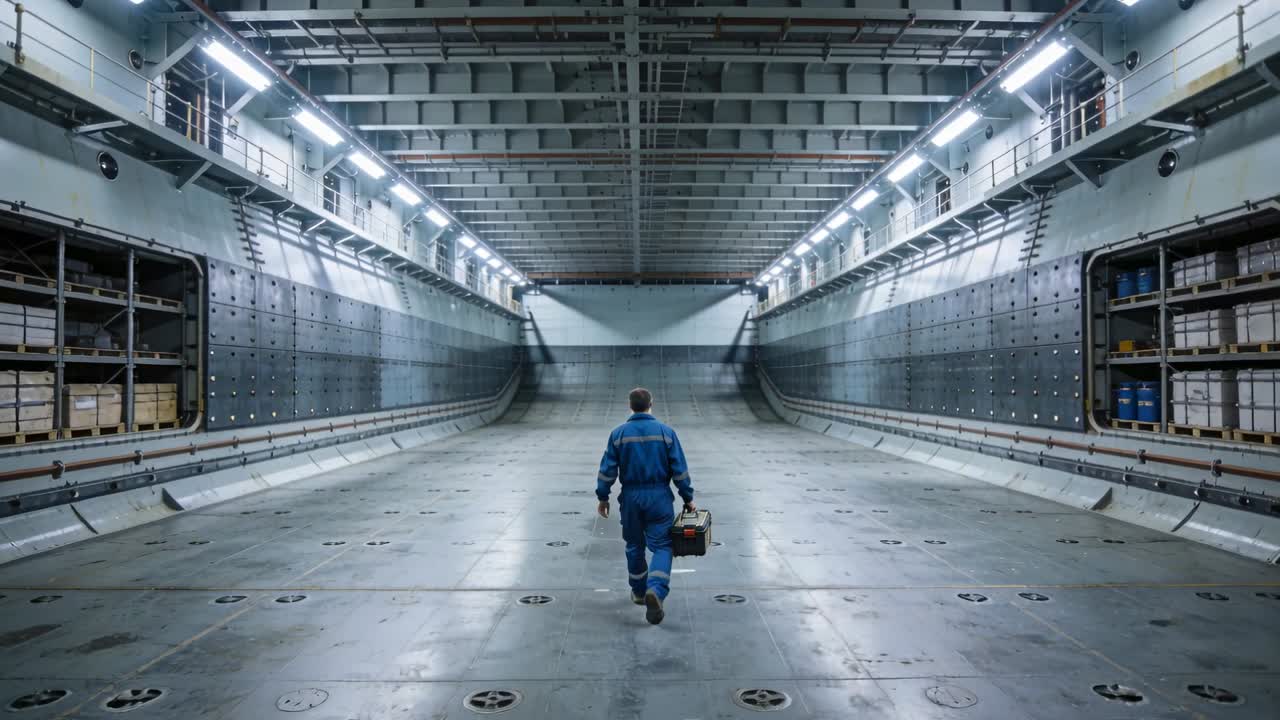 Lavoratore che cammina in tuta blu, con cassetta degli attrezzi, al centro della stiva di carico, ispezionando gli scaffali di stoccaggio