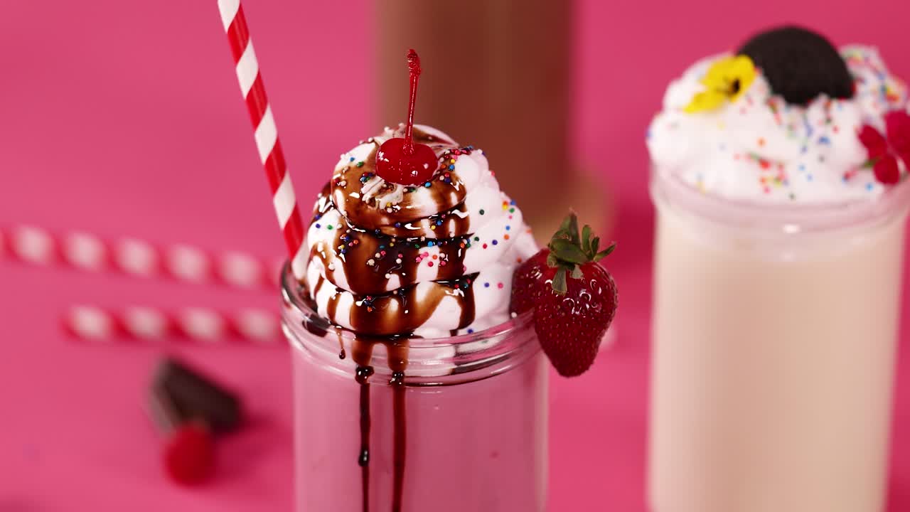 Close-up rotating strawberry milkshake topped with whipped cream, chocolate syrup, cherry, and sprinkles