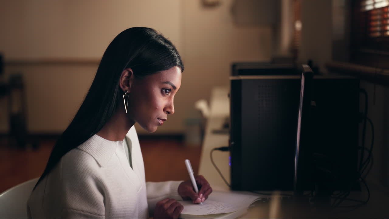 Woman, student and writing notes on computer