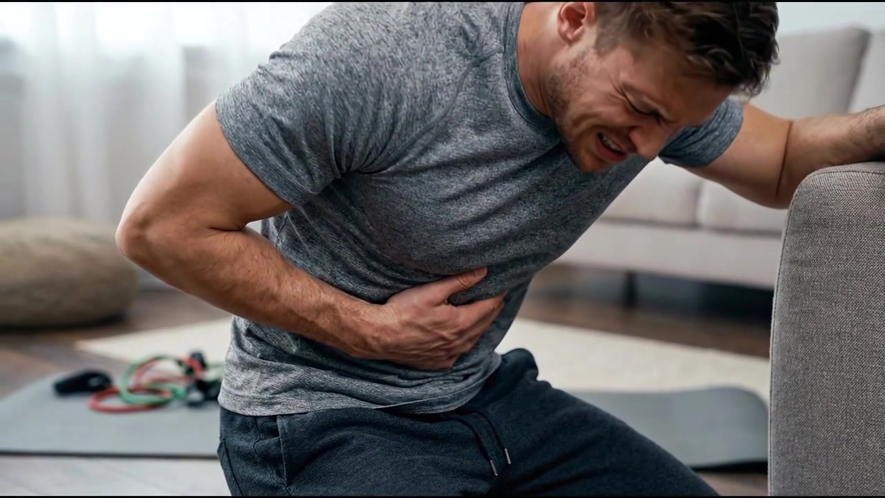 Seated adult holding stomach area with visible discomfort indoors in everyday health concept