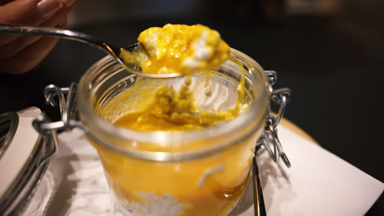 Coconut mango chia pudding in a glass jar