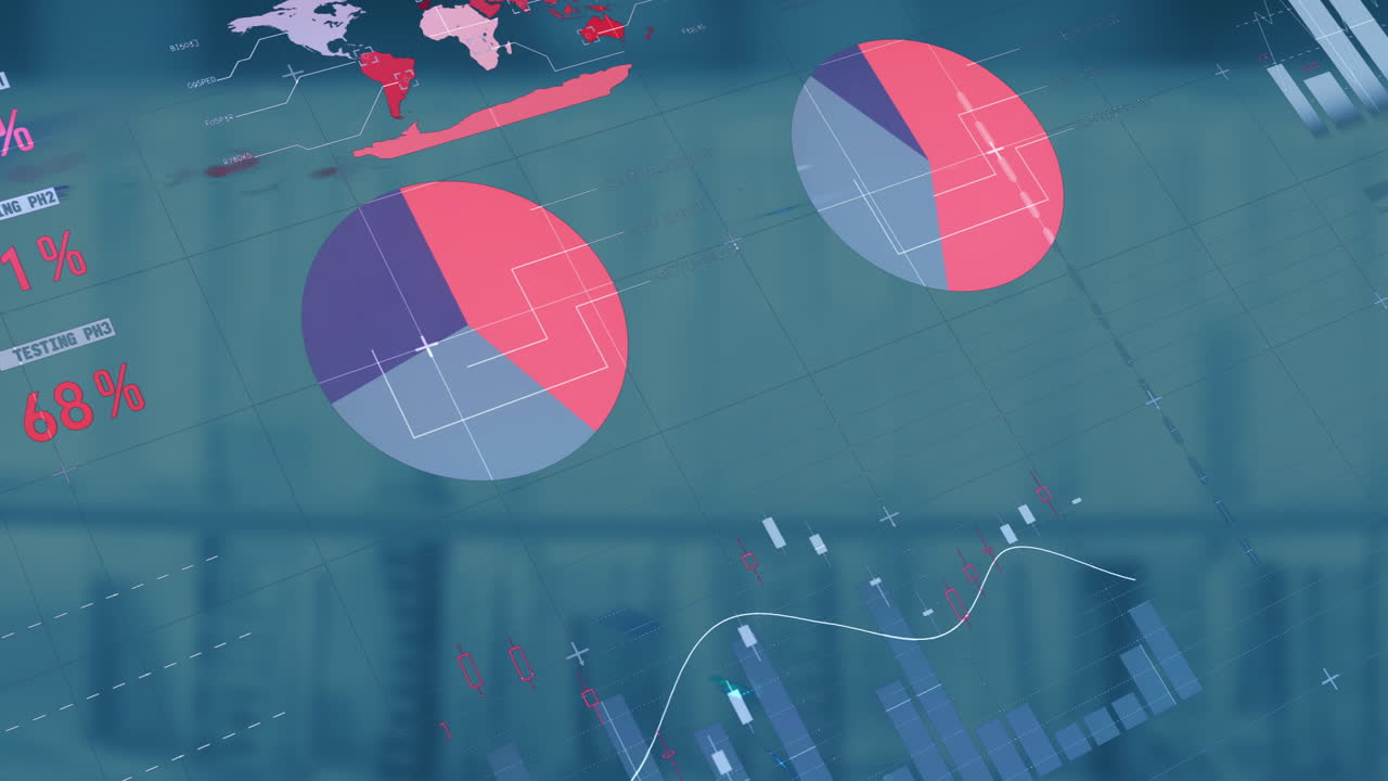 Creating data visualization with pie charts and world map on abstract background