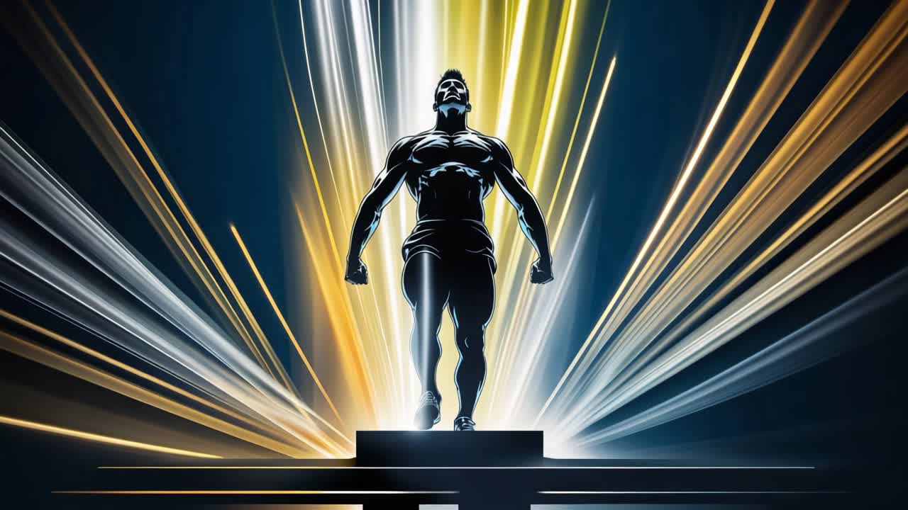 A bodybuilder standing on a podium surrounded by light rays