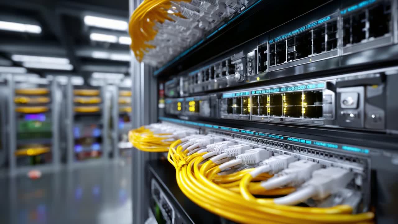 Vista dettagliata di una rete di data center ad alte prestazioni con cavi e apparecchiature Ethernet avanzati che migliorano la connettività e l'efficienza del trasferimento dati