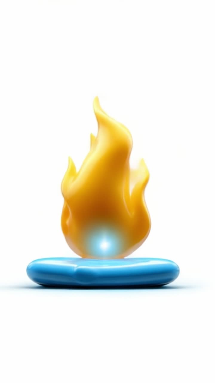 En levende, animeret flamme danser over en glat, blå overflade, der fremviser et dynamisk samspil mellem lys og farve i et stiliseret design, der fanger opmærksomheden