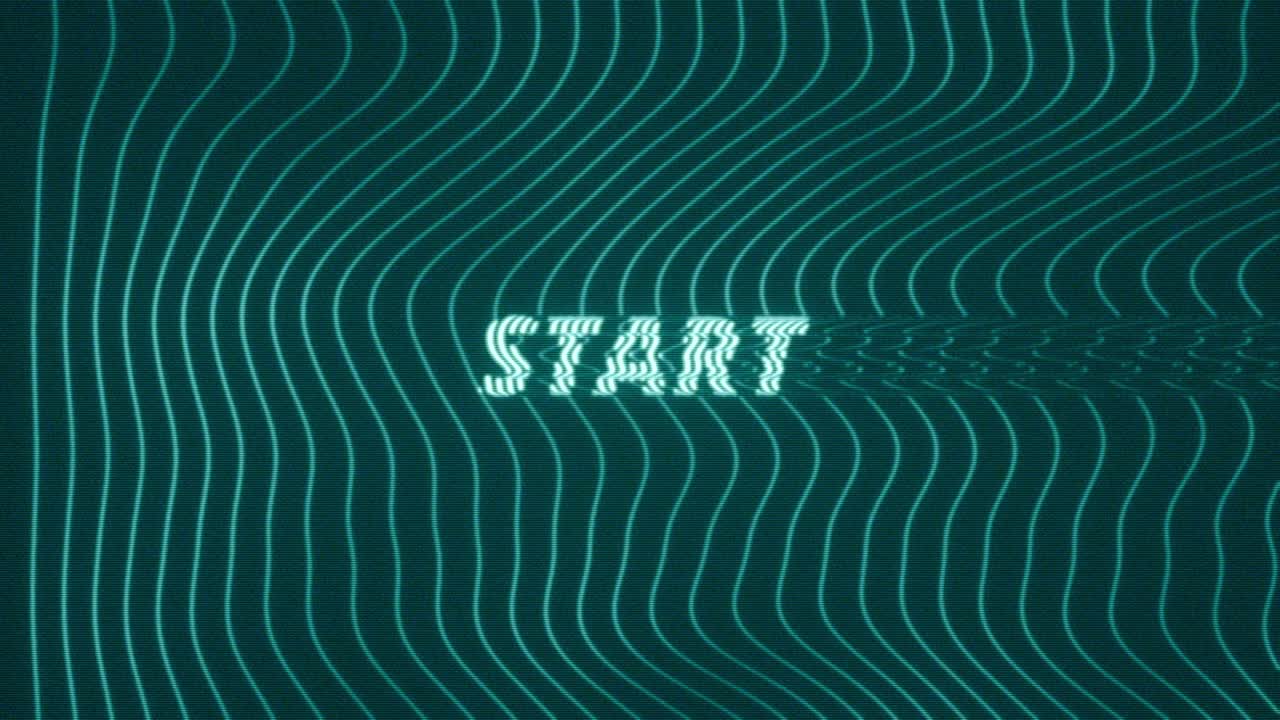 Animated Start text with glitch effects over flowing blue wave lines, creating a digital and futuristic signal effect