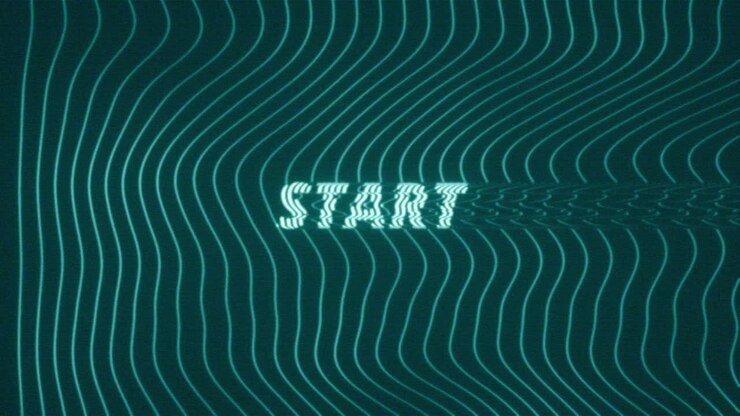 Animated Start text with glitch effects over flowing blue wave lines, creating a digital and futuristic signal effect