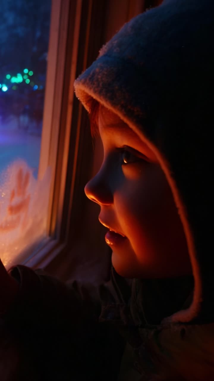 A Child's Joyful Expression While Gazing Out the Window, Captured in Warm Light, Showcasing the Sense of Wonder and Curiosity on a Cold Day, Highlighting the Beauty of Childhood Moments