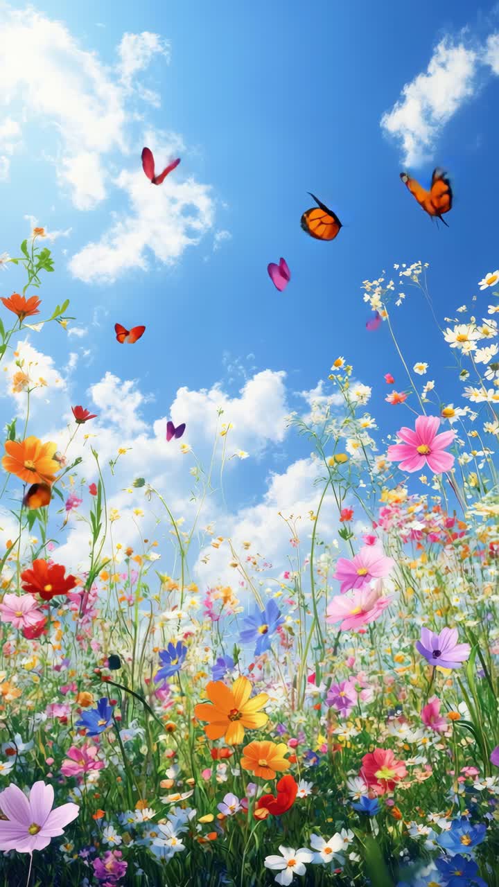 Vibrant wildflowers and butterflies under a bright blue sky, captured from a low-angle