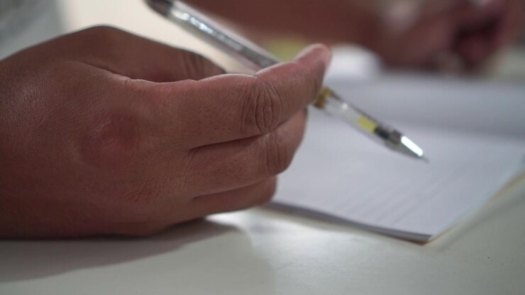 Mano che fa roteare una penna sopra un taccuino mentre pensa. Riprese di studio che mostrano creatività, brainstorming e un momento di blocco dello scrittore