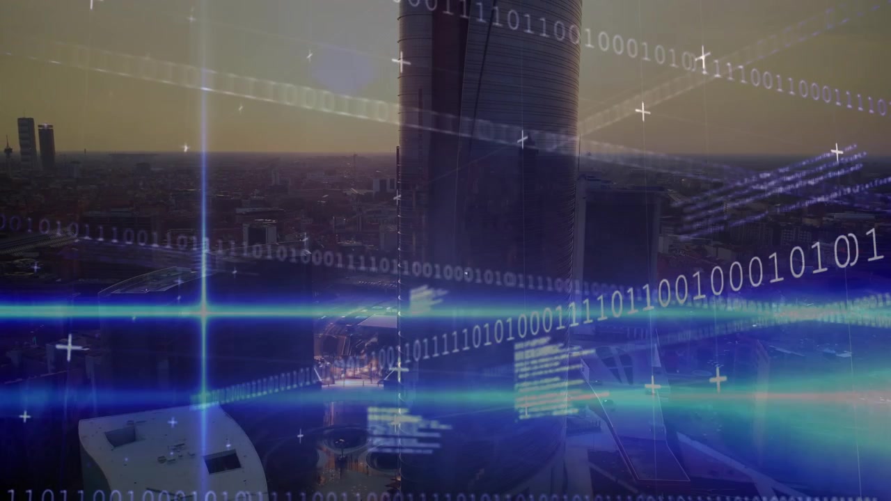 Animation of data processing over cityscape
