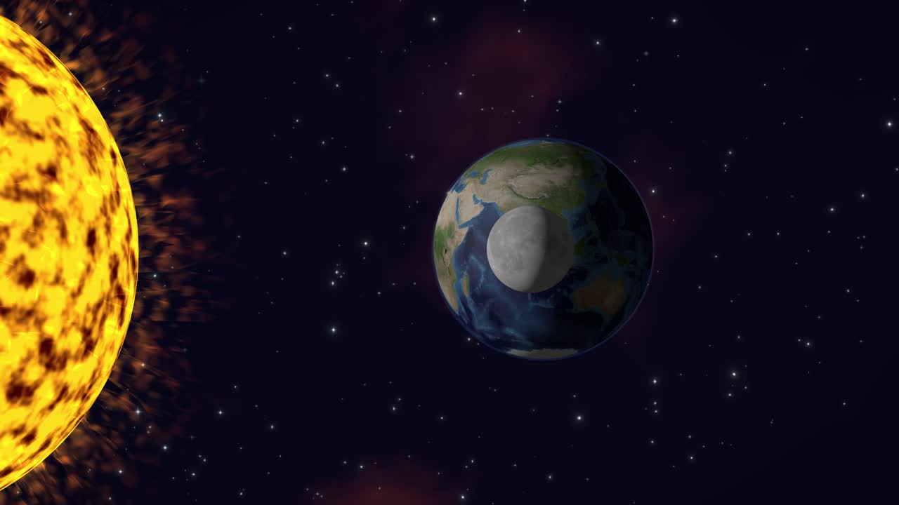 A digital animation shows Earth and Moon orbiting a large glowing sun in deep space