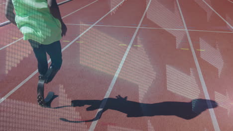 animation of digital arrows over disabled male athlete with running blades on racing track