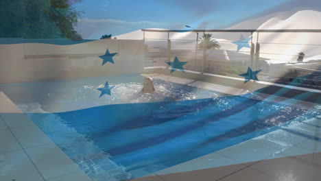 swimming in rooftop pool, person with flag animation, enjoying scenic view