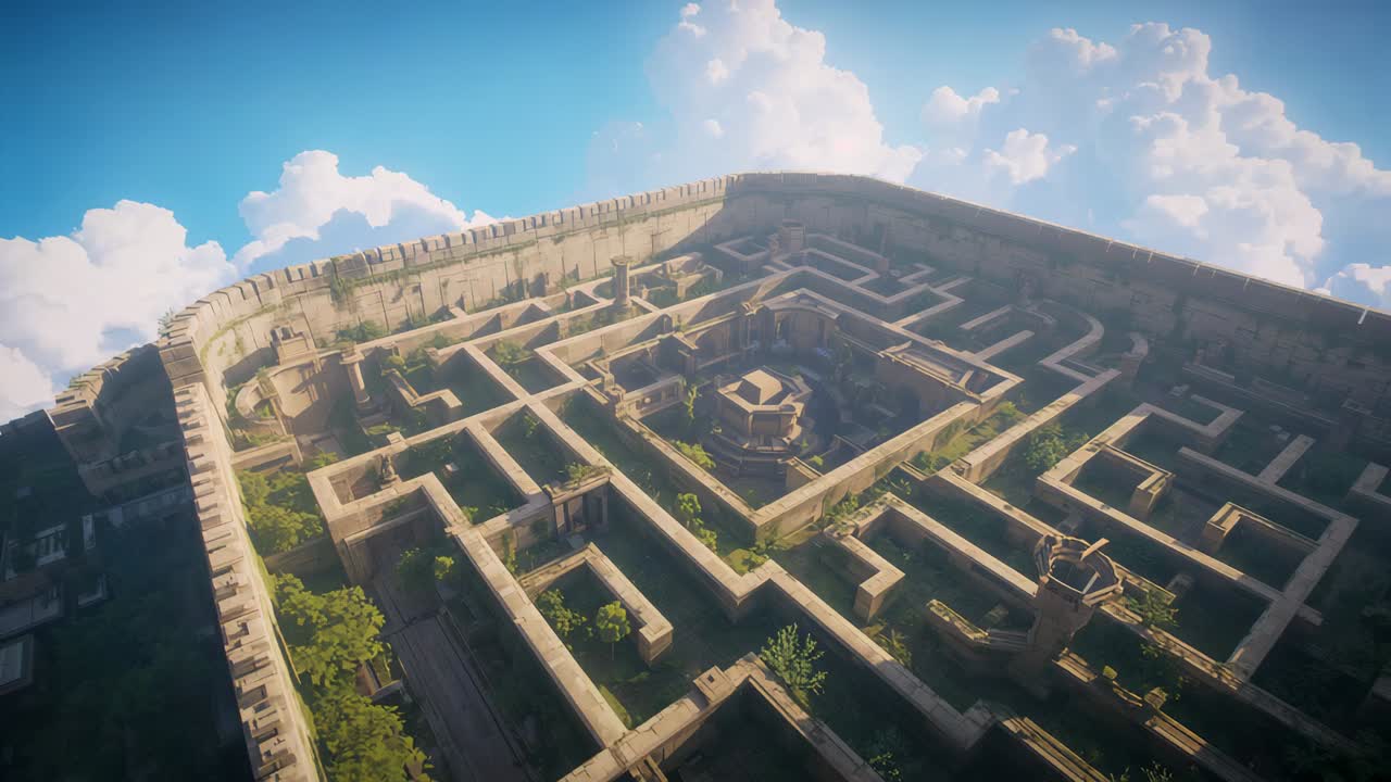 Tilting camera moving right and down over walled compound, revealing stone maze, pavilion, clouds