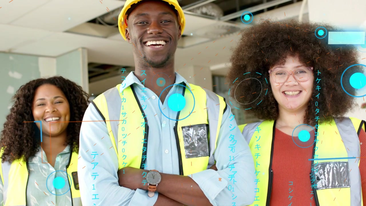 Site team posing in fit-out, AR overlay appearing causing camera zoom placing hard hat for portrait