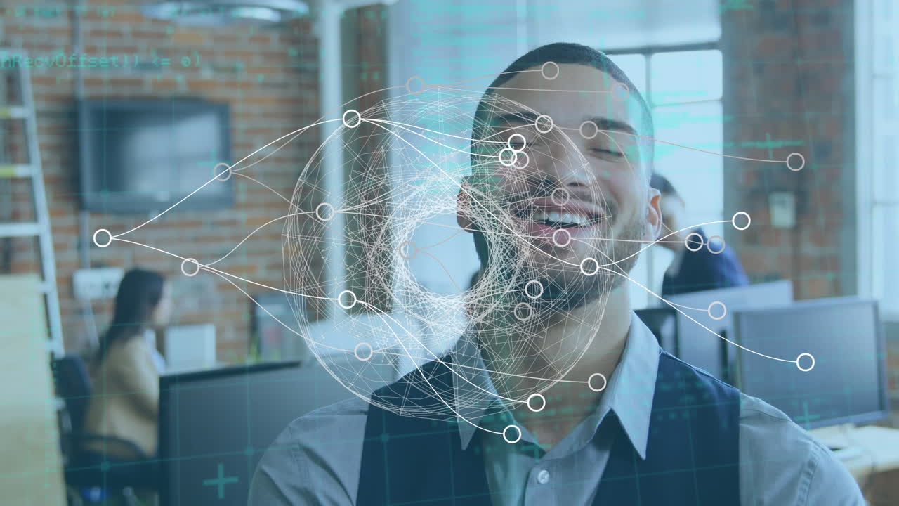 Animation of network of connections and data processing over biracial businessman in office