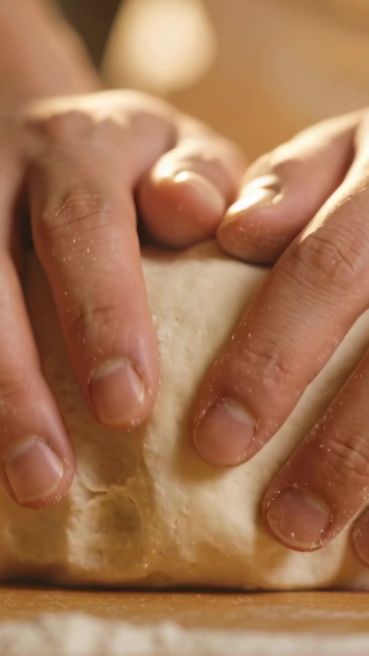 Vertical video: Cupping and pressing cook's hands shaping dough on wooden board into round loaf