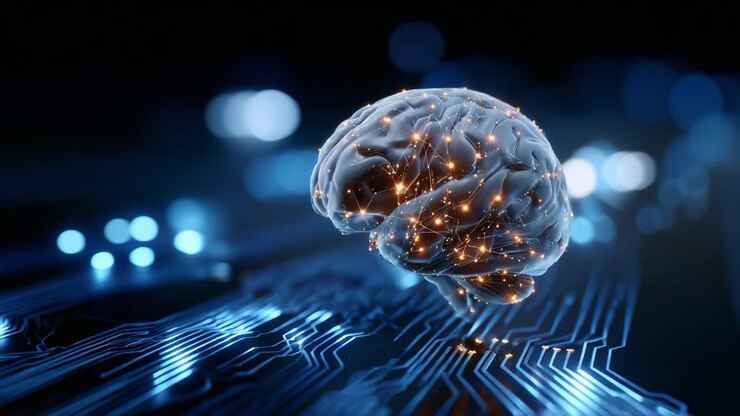 A futuristic representation of a human brain interconnected with digital circuits, symbolizing the integration of neuroscience and technology in modern innovations