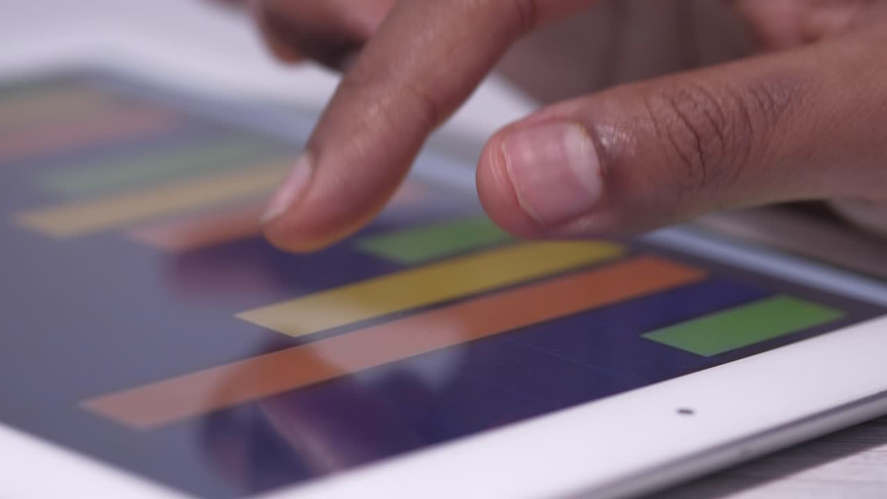 Person using a tablet to interact with a bar graph