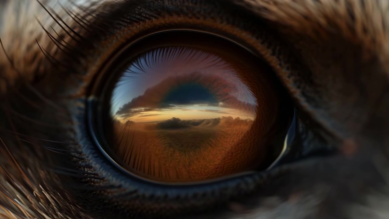Close-up of big cat eye with glossy iris, fine whiskers, rich fur, dark facial markings, and sunset reflection across distant landscape in dramatic natural light, with animal, eye, closeup, fur detail